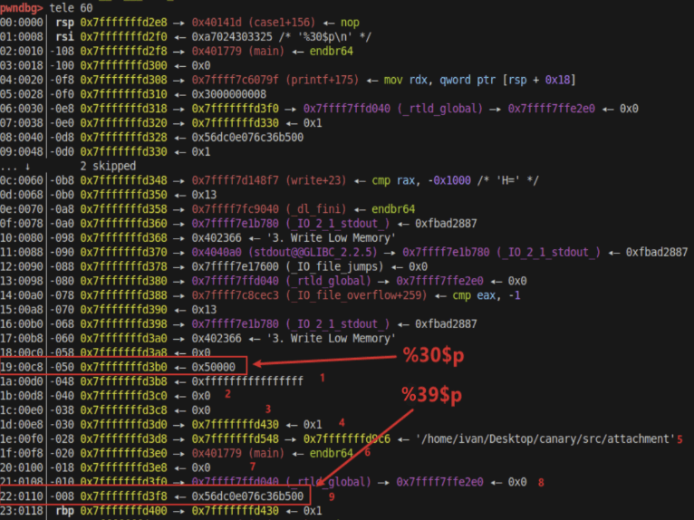 Canary offset in gdb